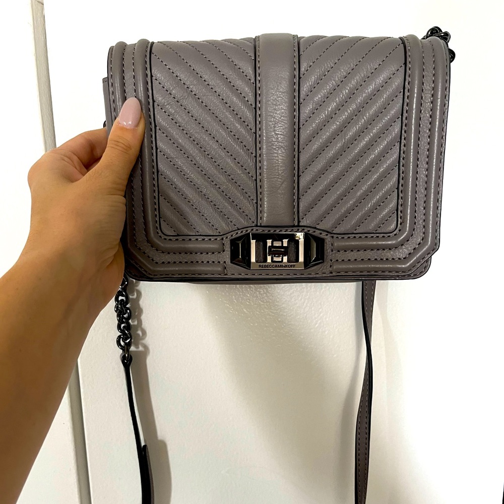 Rebecca Minkoff: Chevron Quilted Love Crossbody with Chain Inset